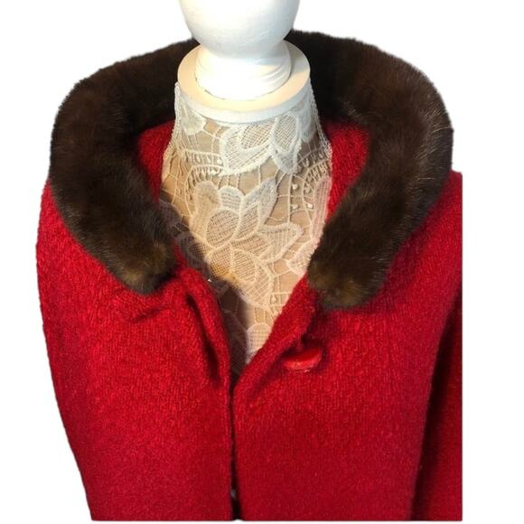 1960s Red Wool Mink Collar Brittany Stroock Full-Length Coat medium - Picture 10 of 17